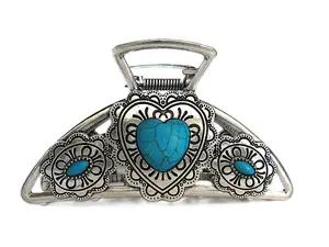 Large shiny heart silver turquoise blue design metal native tribal hair claw