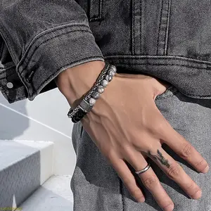 2026 new European and American matte map stone bracelet men's double-layer beaded OT buckle transfer beads titanium steel versatile bracelet bracelet bracelet tide