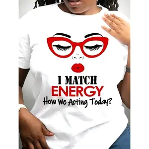 Women's Light Fabric Short-Sleeve Round Neck Casual T-Shirt - I Match Energy Slogan Print, Medium Stretch, All-Season Alphabet Pattern, Versatile Wear