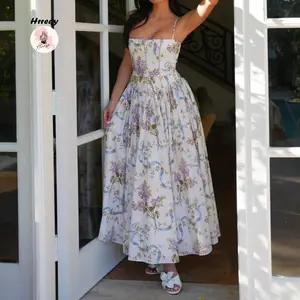 Women's Summer Long Cami Dress Sleeveless Flower PrintFit Spaghetti Strap Dress