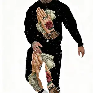 Men’s sportswear set, printed Buddha statue worship fashion print, black knit sportswear, autumn and winter sportswear, basketball and football sportswear, sportswear, sports style