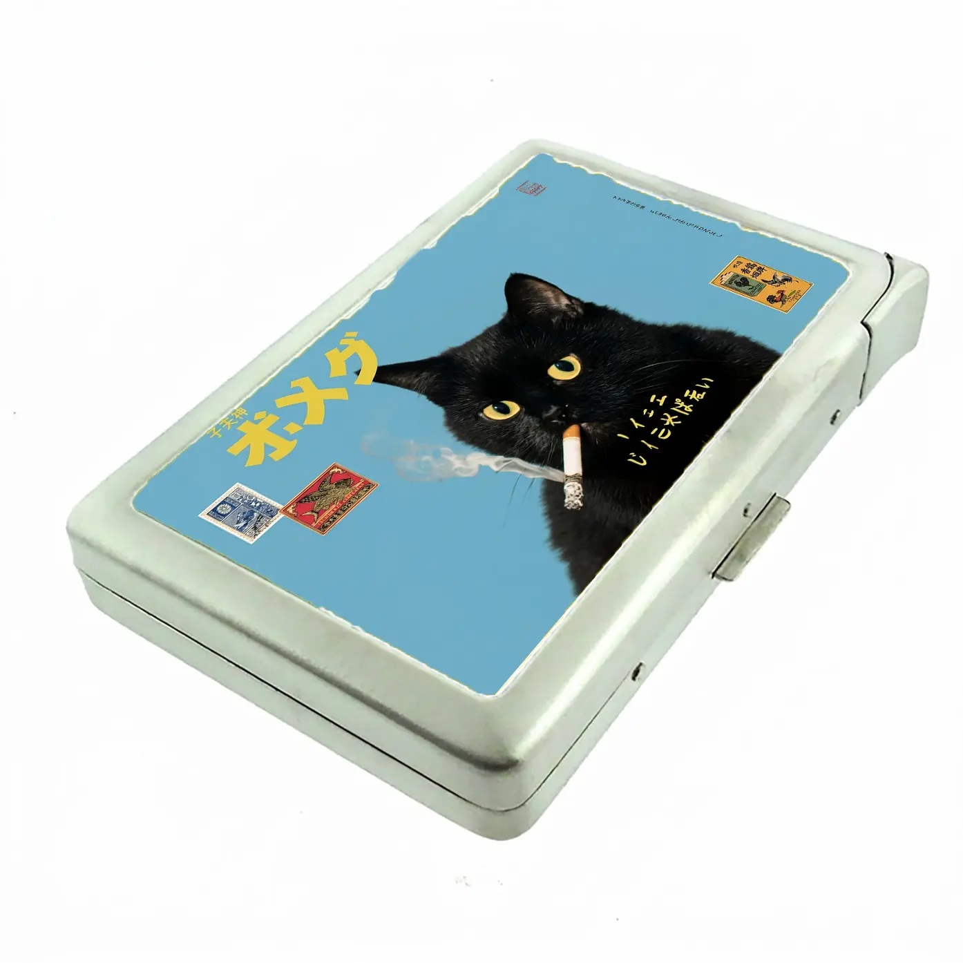 100's Sized Black Cat Stamped Metal Case with Built in Lighter Wallet
