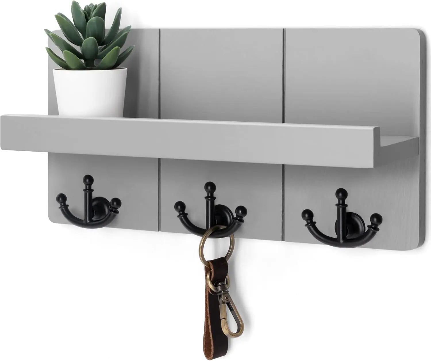 Decorative Key Holder for Wall: Stylish Farmhouse Mail Organizer Wall Mount with Floating Shelf and 3 Anchor Key Hooks - Rustic Home Decor for Entryway (Light Gray)