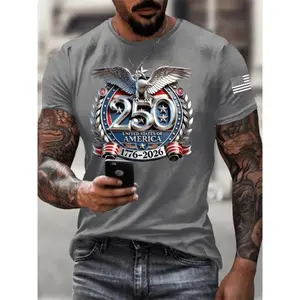 Men's casual sports short-sleeve T-shirt, featuring an American 250th anniversary eagle pattern print, regular fit, made of polyester fiber, machine washable but not dry cleanable, suitable for everyday casual sports wear