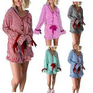 Women's 2 Piece Lounge Set Long Sleeve Lapel Stripe Print Button Up Tops Shorts Sleepwear Sets