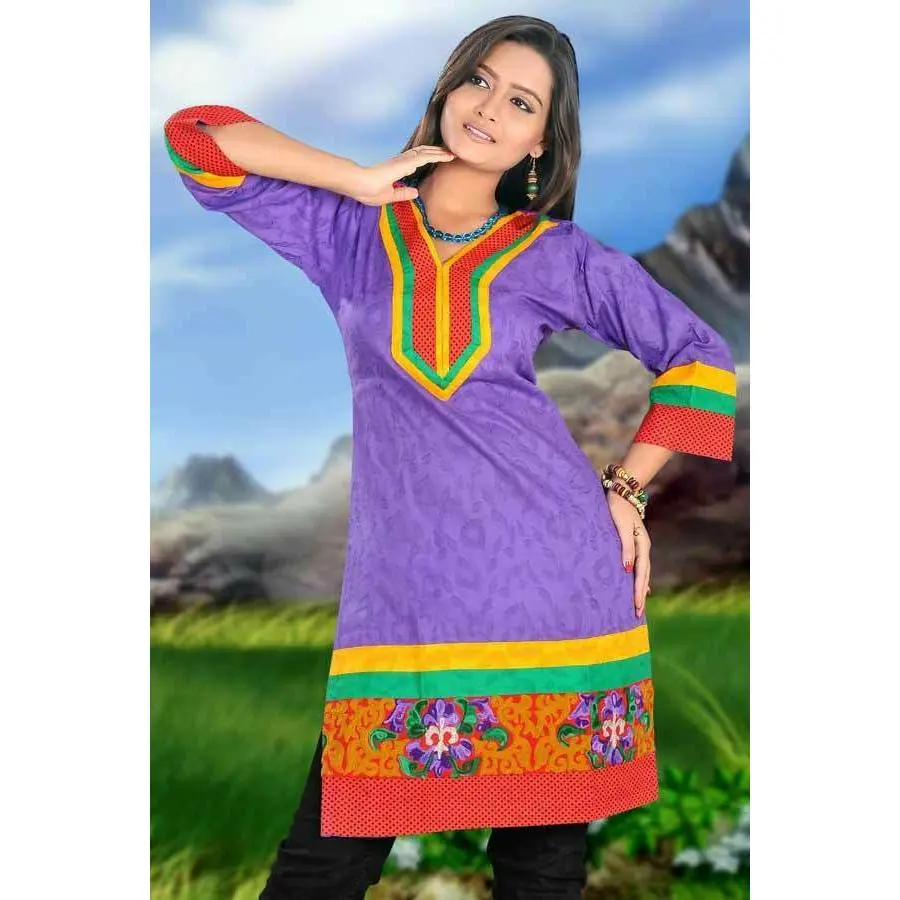 Tunic for Women V-Neck Vertical Stripes Patch Front and Bottom Embroidery Bottom Long Kurti Kurta 3/4 Sleeves Tunic Top.