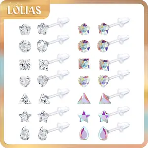 LOLIAS 14Pairs Clear Plastic Earrings Stud Earrings for Women Rhinestone Acrylic Stud Earrings Clear Piercing Retainer for Sport Work, Casual, Daily Wear