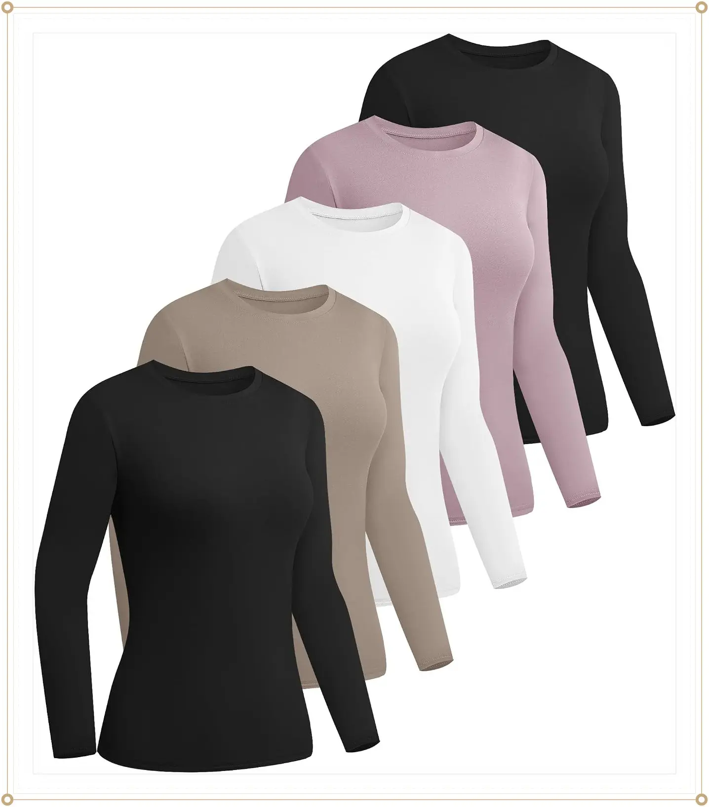 Kinglaman 5 Pack Womens Basic Long Sleeve Shirts Crew Neck Slim-Fit Fitted T Shirts Tops Undershirts Underscrub BaselayerGift