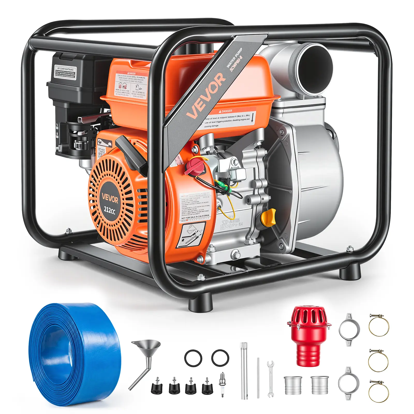 【summerfinds】VEVOR Gas Powered Water Pump, 3 in, 242 GPM 7HP Semi Trash Water Transfer Pump Portable, Gasoline Engine with 25 ft Discharge Hose, Heavy Duty Frame, Cast Iron Impeller, for Irrigation, Ponds, Pools, Farms, Anti-Vibration Foot Pads
