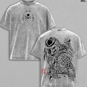 Predator – Alien vs. Predator Vintage T-Shirt Menswear Top Heavy Cotton Underwear Tee Washed Oversize Unisex Sci-Fi Movie Retro Graphic Tee Classic 90s Space Action Film Fans 3AM