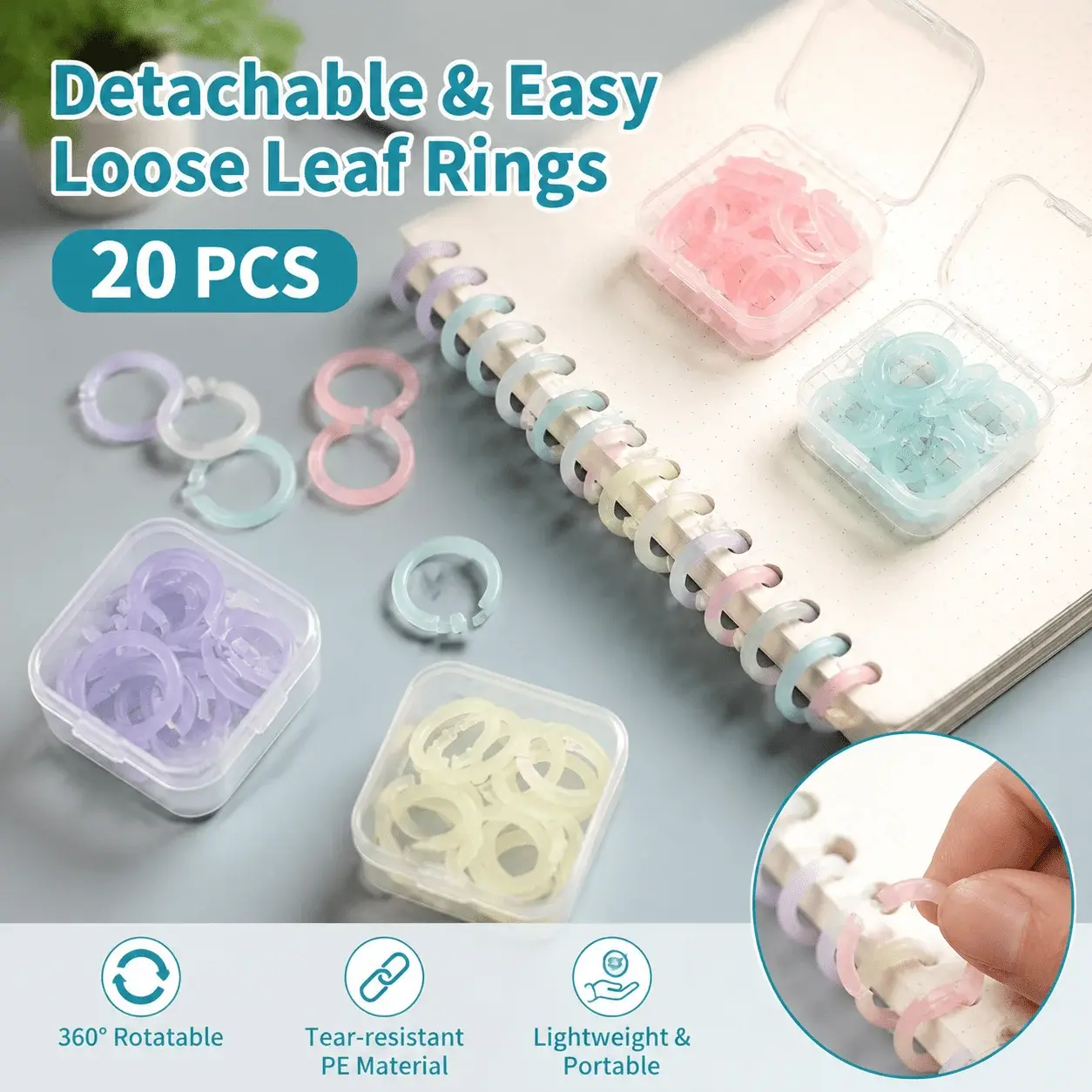 20PCS Rotatable Detachable Book Binder Rings Pastel Plastic Loose Leaf Rings with Storage Box Daily Notebook Binding Supplies