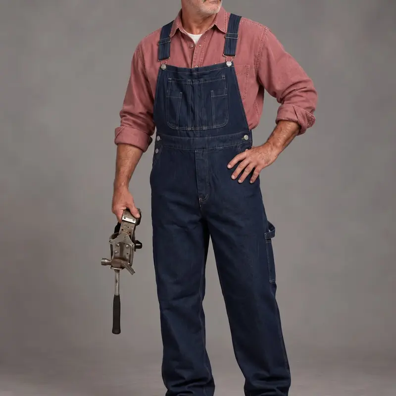 Men's Sleeveless Plain Denim Bib Overalls - Loose Fit Classic Workwear, Adjustable Straps, Multi-Pockets Jumpsuit for Work, Casual Wear