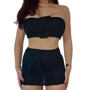 Black Crochet Bandeau & Skirt Set - Boho Beach Vibes for Women, Stylish Top and Skirt with Crochet Detail - Womenswear