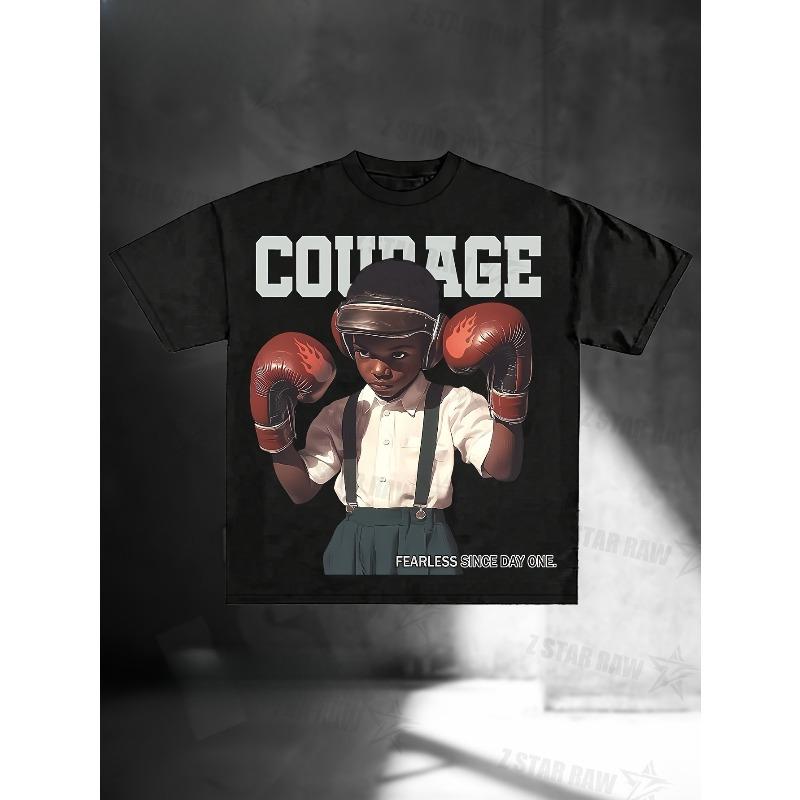 Unisex "Courage Fearless Since Day One" Young Boxer Graphic Sport T-Shirt | Motivational Boxing Oversized Cotton Streetwear Tee for Men & Women