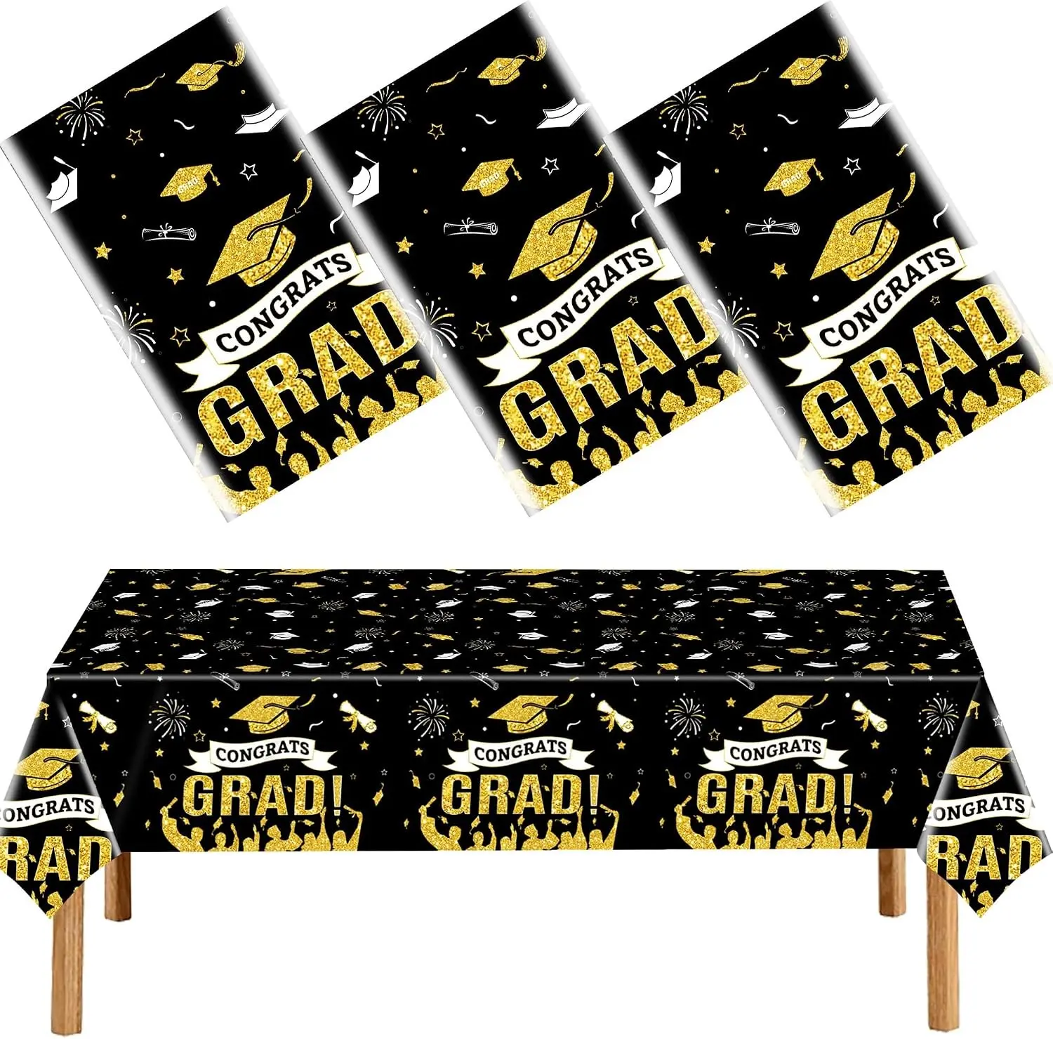 3 Pcs 2026 Graduation Black Gold Disposable Plastic Table Cover 54 x 108 Inch for Graduation Party Decorations