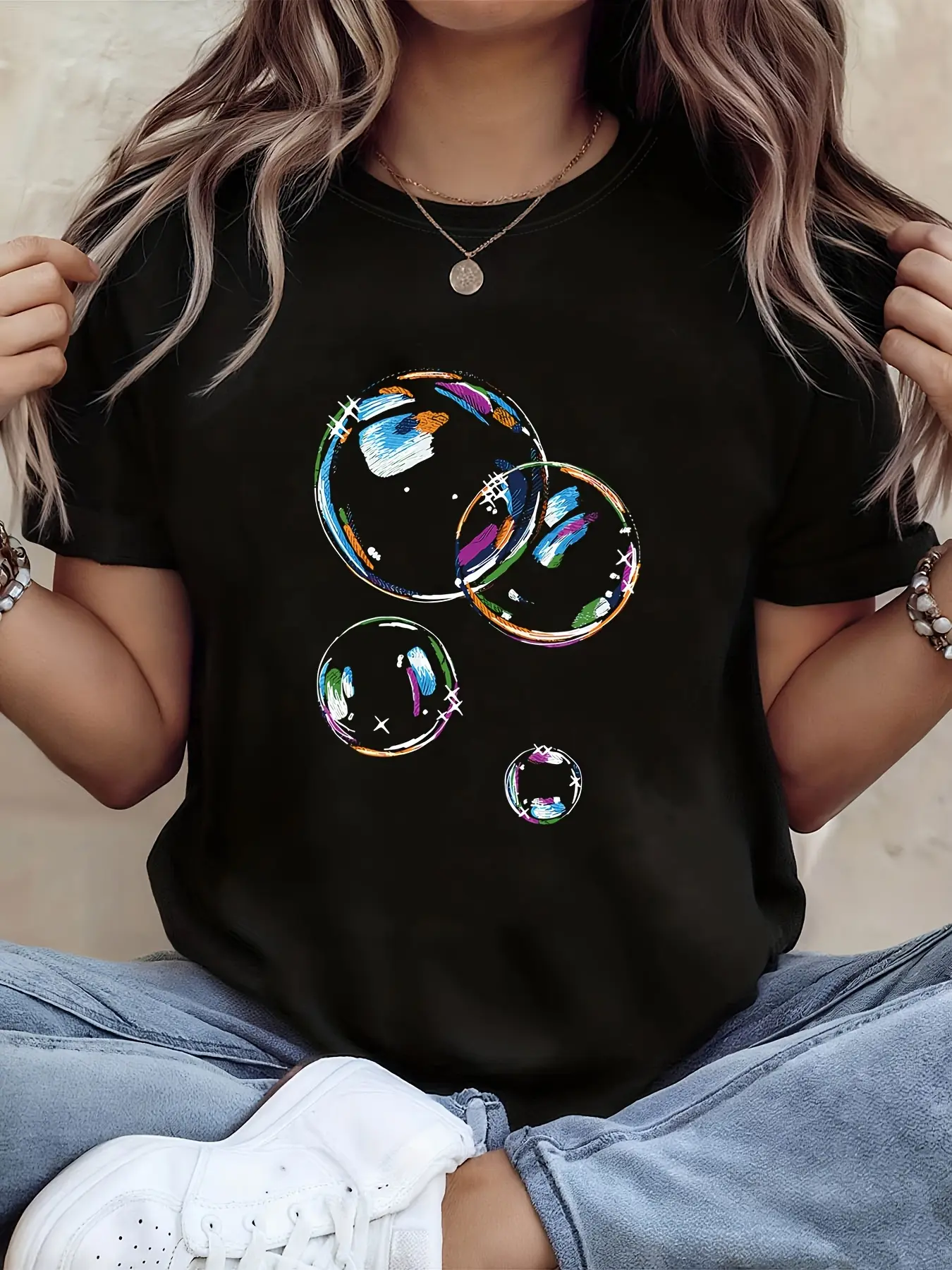 Colorful Graffiti Bubbles Dreamy Artistic Graphic unisex soft cotton short sleeve t shirt, vintage graphic casual tee for men women teens, perfect birthday holiday gift for camping travel gym daily street casual wear