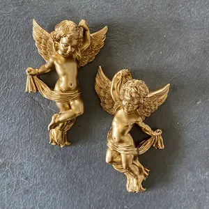 European Vintage Style Winged Angel Wall Hangings - Set of 2 Resin Angel Sculptures for Living Room, Hallway, and Foyer Decor Ornaments Hangable Decoration Decorative