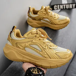 Men's 2025 New Autumn Metallic Gold Silver High-Top Sneakers Breathable Mesh Panels Chunky Platform Sole Holographic Accents Tech Wear Style for Urban Street Fashion and Bold Statement Looks