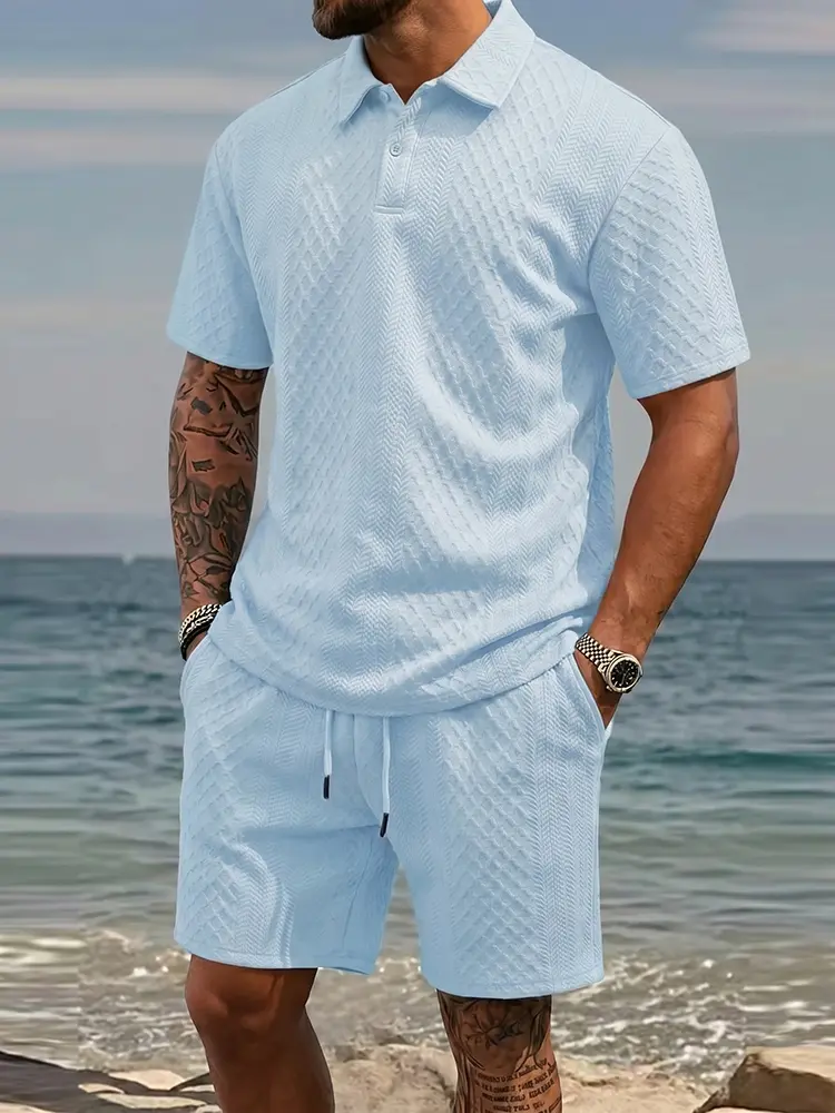 Men’s light blue casual set featuring a diamond texture polo shirt and loose drawstring shorts, two-piece vacation style