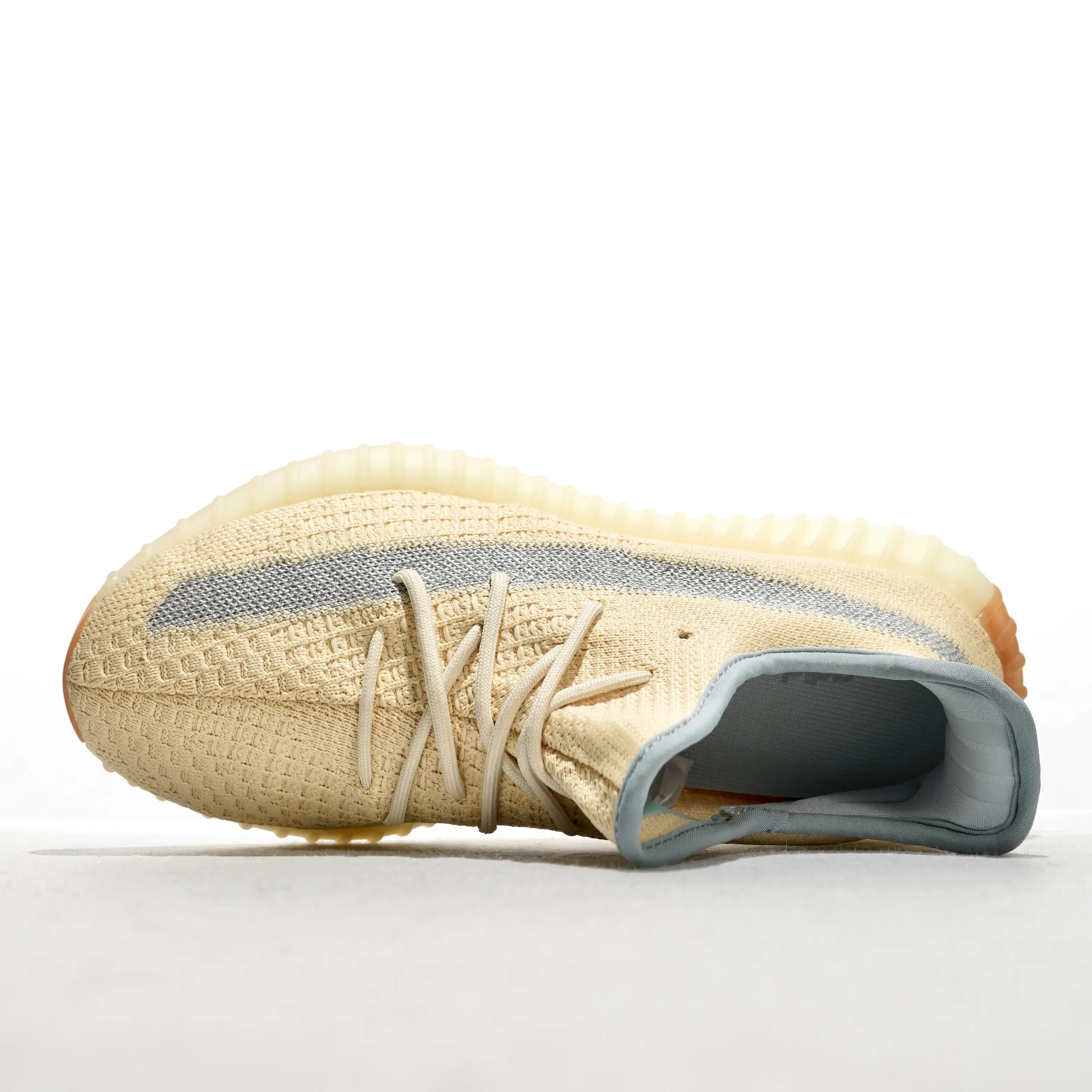 Beige Woven Knit Low Top Slip On Cushion Sneakers, Reflective Grey Side Stripe Light Gum Translucent Rubber Outsole Light Blue Interior Collar Unisex Daily Walking Trainers