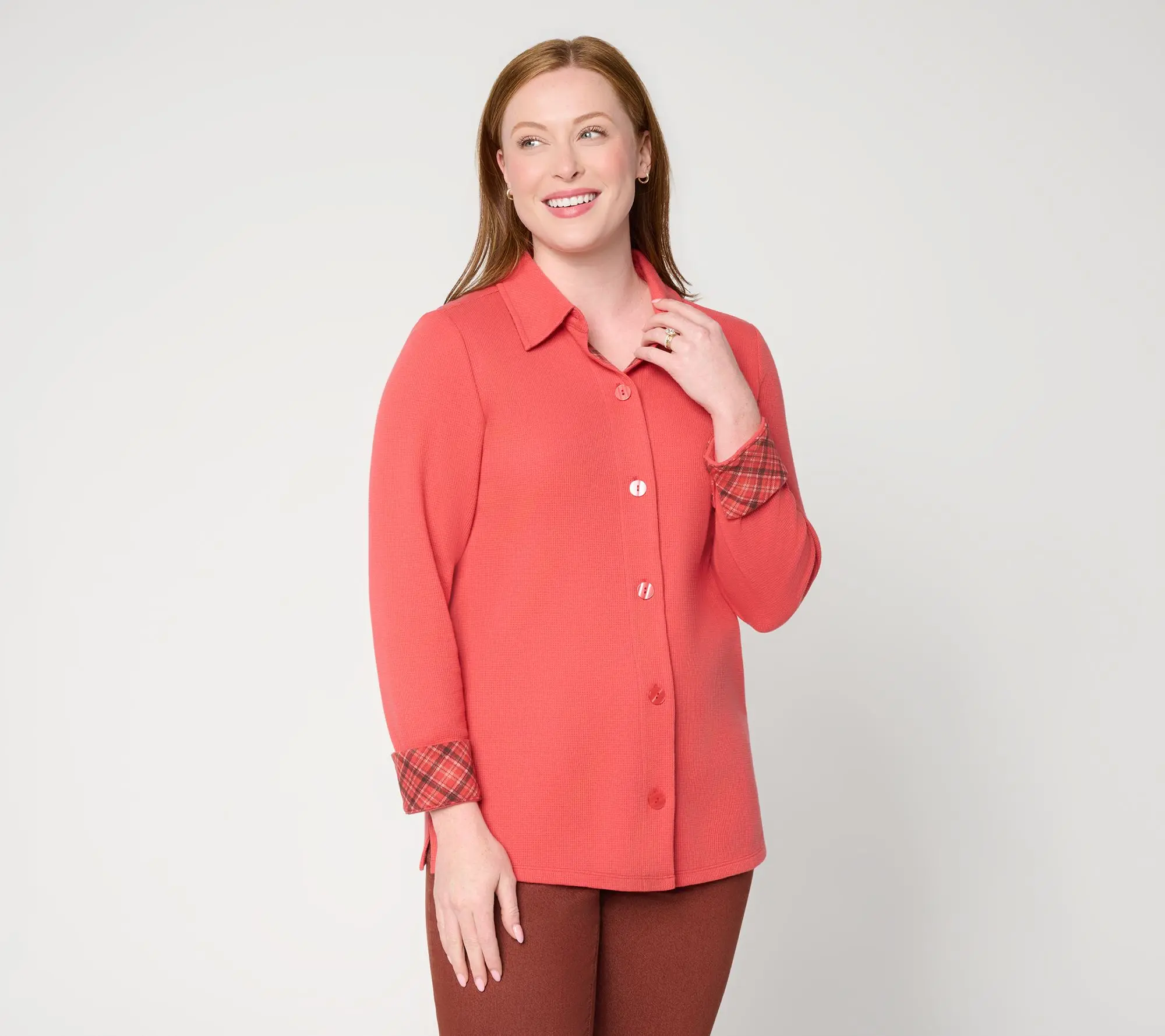 Denim & Co. Waffle Knit Button Front Long Sleeve Shirt