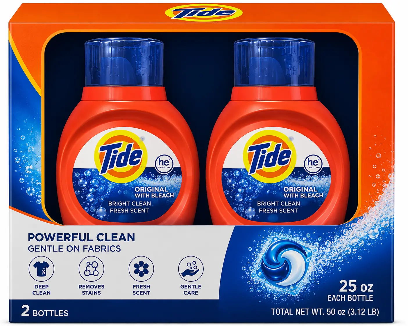 Tide Original with Bleach Liquid Laundry Detergent, 2 Pack Bright Clean Formula, Fresh Scent