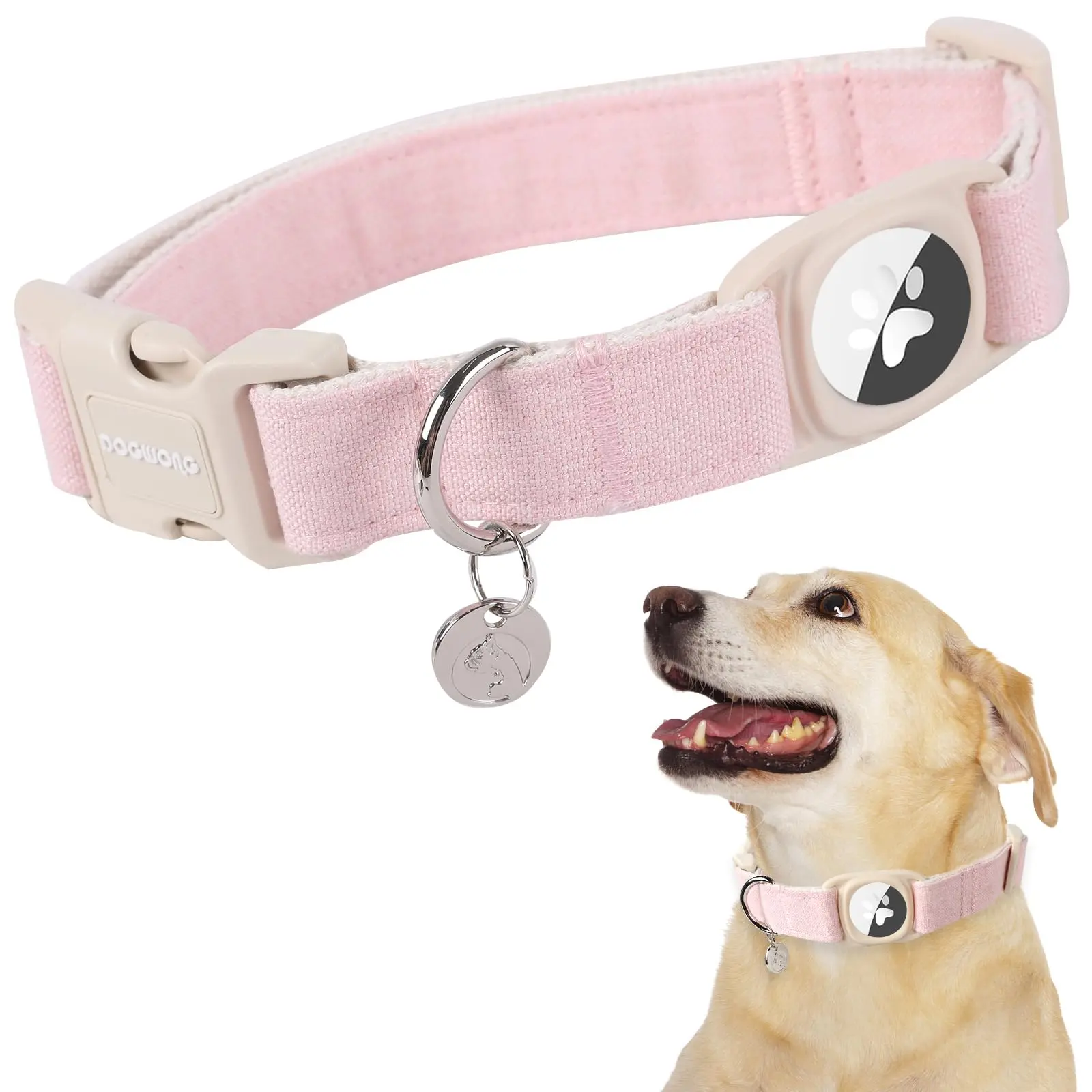 DOGWONG Adjustable Airtag Dog Collar - Heavy-Duty Cotton Hemp Natural Fabric with Airtag Holder, Pink Collar for Small, Medium, Large Dogs, Adjustable Collars