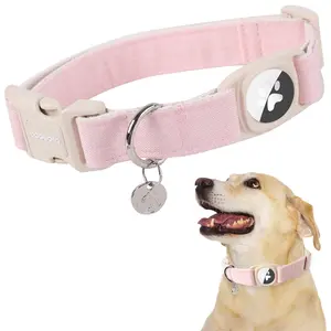 DOGWONG Airtag Dog Collar, Heavy-Duty Cotton Hemp with Airtag Holder, Pink Natural Fabric Puppy Necklace for Small Medium Large Dogs
