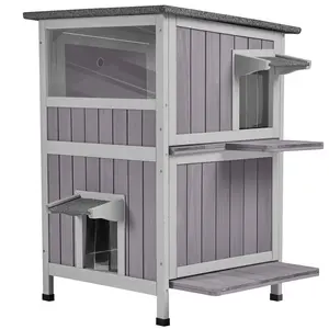 Aivituvin-AIR14-1 Two Tier Wooden Cat House with Waterproof Roof, Door Flaps,Cat Outdoor Shelter