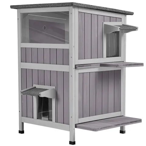 Aivituvin-AIR14-1 2-Tier Wooden Outdoor Cat House - Weatherproof Roof, Door Flaps, Wood Frame, Lift-off Floor Wash, Enclosed Space, Sheltered Area, Easy Cleaning, All Seasons Kitten House