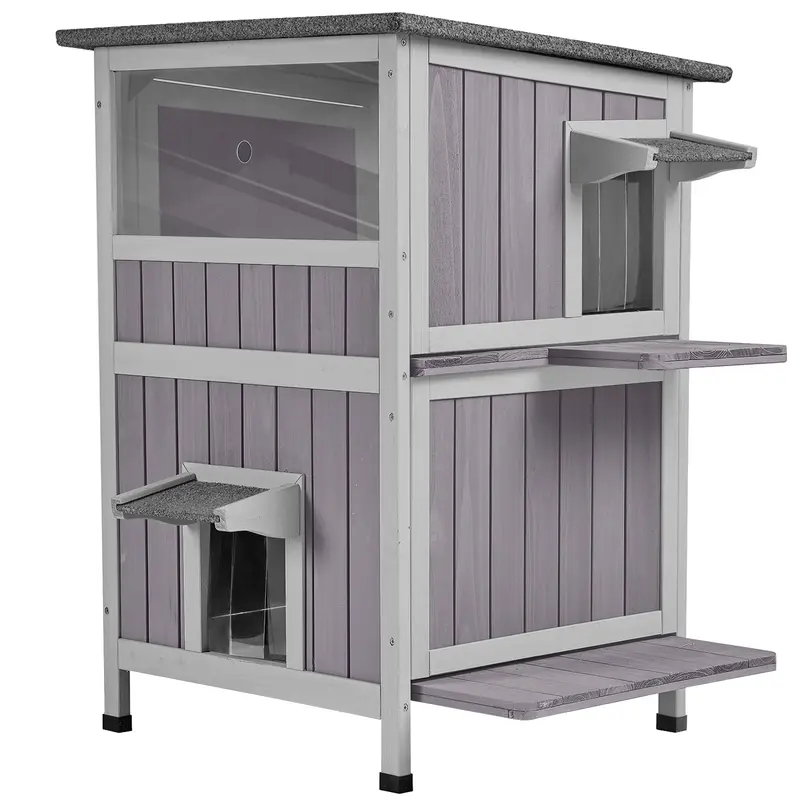 Aivituvin-AIR14-1 2-Tier Wooden Outdoor Kitten House - Weatherproof Roof, Door Flaps, Wood Frame, Lift-off Washable Floor, Enclosed Sheltered Space, Rubber, Left/Right Doors, Dry-Floor Feet, Elevated Foundation, All Seasons Cat House