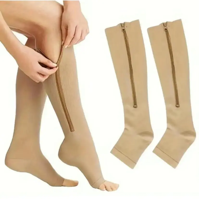 Zippered Compression Socks (1 Pair) - Knee-High Breathable Nylon for Nurses, Maternity, Travel - Boosts Circulation & Eases Swelling