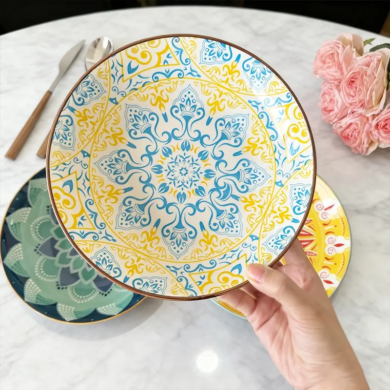 Boho Style Ceramic Set, Tableware Set, Bohemian Style Tableware, Kitchen Tableware, Modern Ceramic Plates, Fashion Floral Design, High Heat Resistant, Easy Clean, Durable, Ceramic Dinnerware Set, Dinner Sets, for Home Dining & Restaurant Use