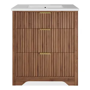 Spacious Storage Solution Bathroom Vanity with Washbasin – Large Drawers & Rotate-style-Down Drawer – Farmhouse Freestanding Cabinet – Easy Assembly & Cleaning