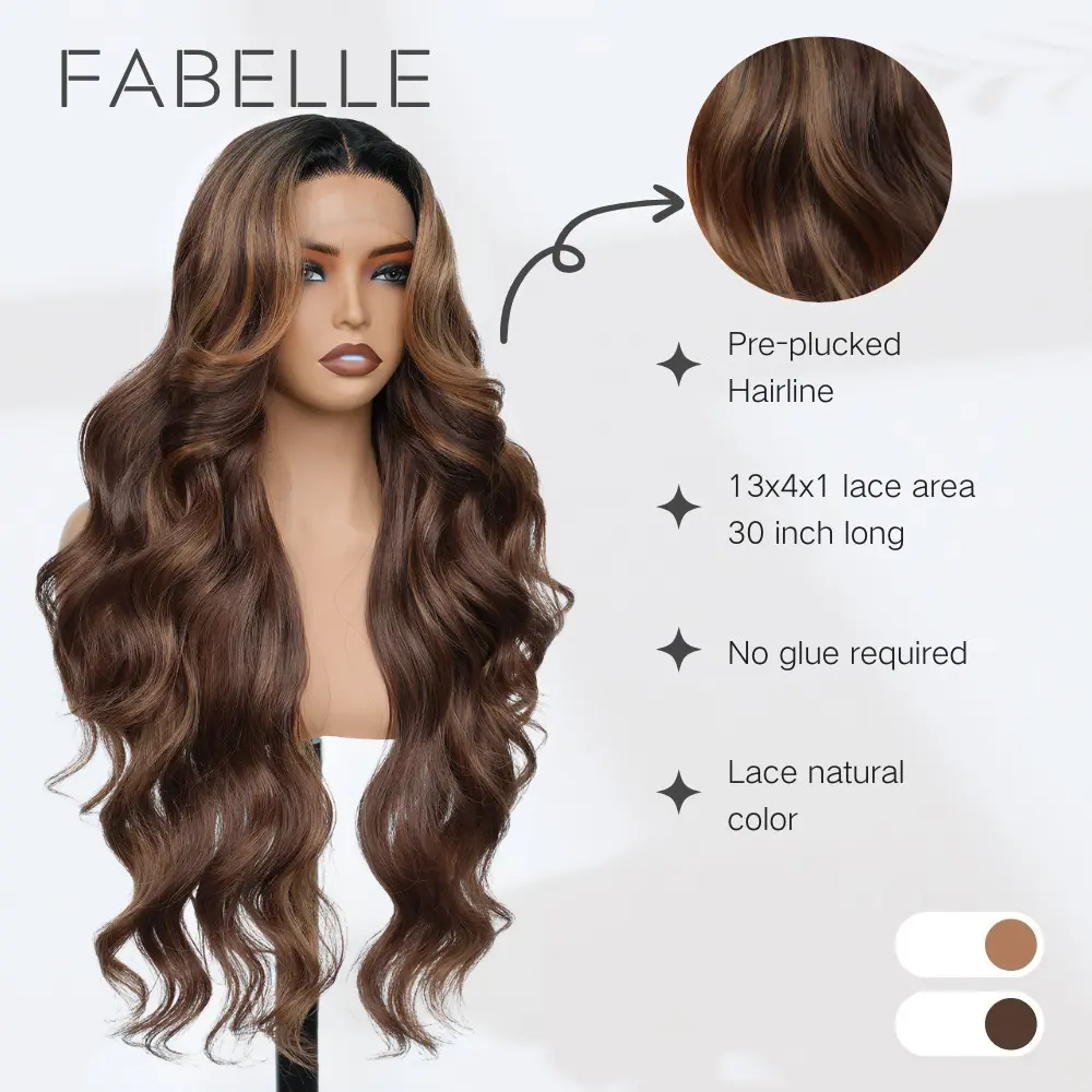 FABÉLLE Body Wave Wig 30inch Glueless 13×4×1 Middle part Lace Wig Pre-plucked Synthetic Lace Front Wig for women