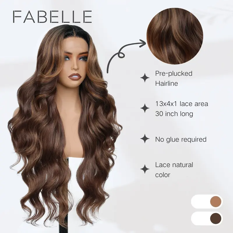 FABÉLLE Body Wave Wig 30inch Glueless T Part Lace Front Wigs Pre-plucked Natural Look Beginner Friendly 13×4×1 Middle part Lace Wig Synthetic Lace Front Wig for women Halloween Costumes Cosplay Wig