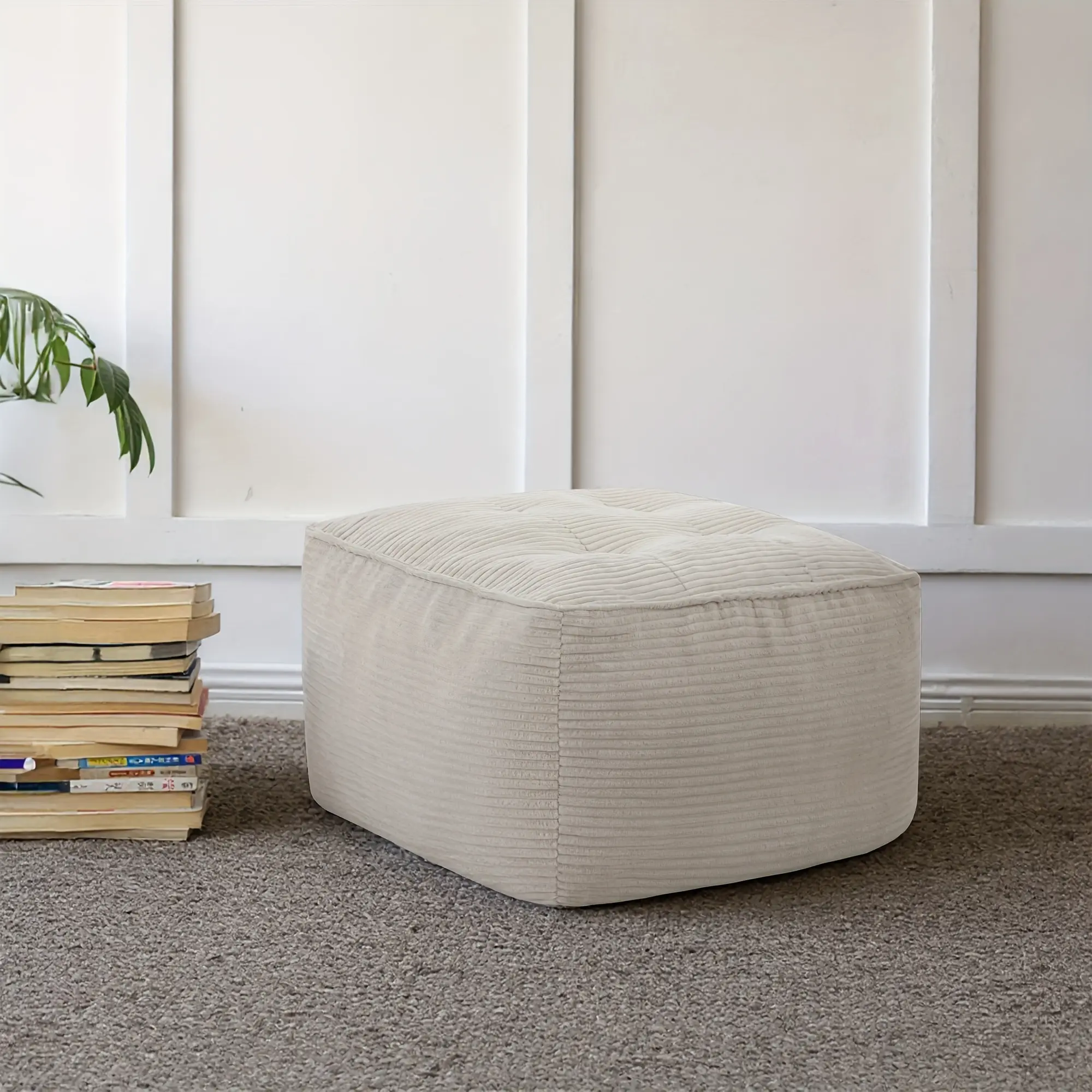 Cozy Corduroy Square Pouf Ottoman - Foam-Stuffed Footrest Stool, Block Shape Cube Furniture Style Footstools & Ottomans for Living Room, Gaming Room