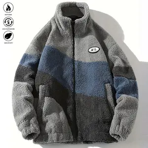 Men's multi-color plush fleece jacket with pockets, casual stand-up collar, zipper long-sleeved outdoor warm coat, polyester fabric, machine washable and dryable