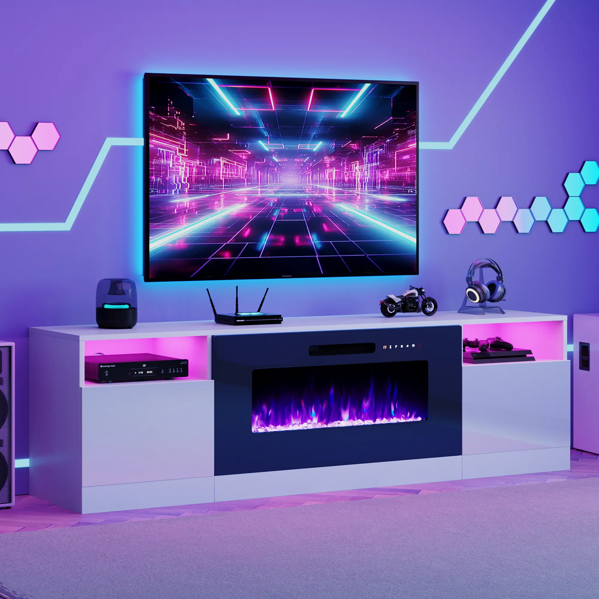 AMERLIFE 70"/80" Fireplace TV Stand with 36"/40" Electric Fireplace and LED Lights, Modern Entertainment Center, TV Console with High Gloss Storage Cabinets/Christmas Gifts/Best Gift Ideas/Cozy Home