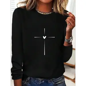 Women's Casual Crew Neck Sweatshirt With Cross Heart Design - White  Sleeve Top For Everyday Wear