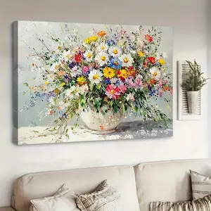 1pc  Canvas Floral Vase Art - Rustic Botanical Print Wall Decor with Vibrant Multicolor Flower Arrangement, Premium Wrapped Canvas Painting for Kitchen & Living Room, Mother's Day or Spring Gift, Natureinspired Decor, Rich Color Palette