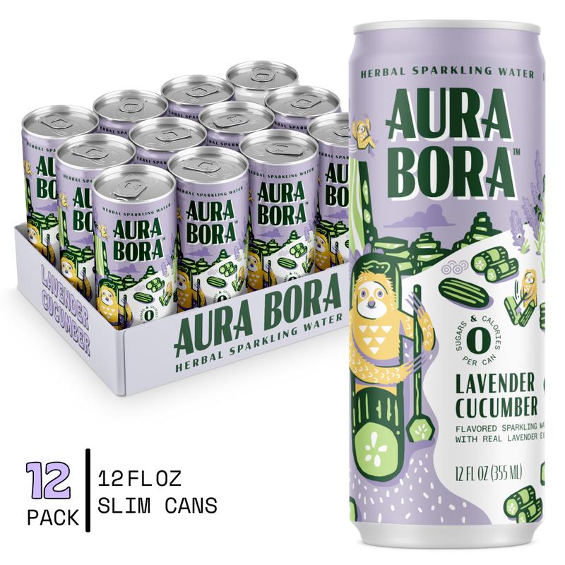 Aura Bora, Craft Sparkling Water Beverage made with Real Herbal Extracts, Lavender Cucumber, 12oz cans, Pack of 12
