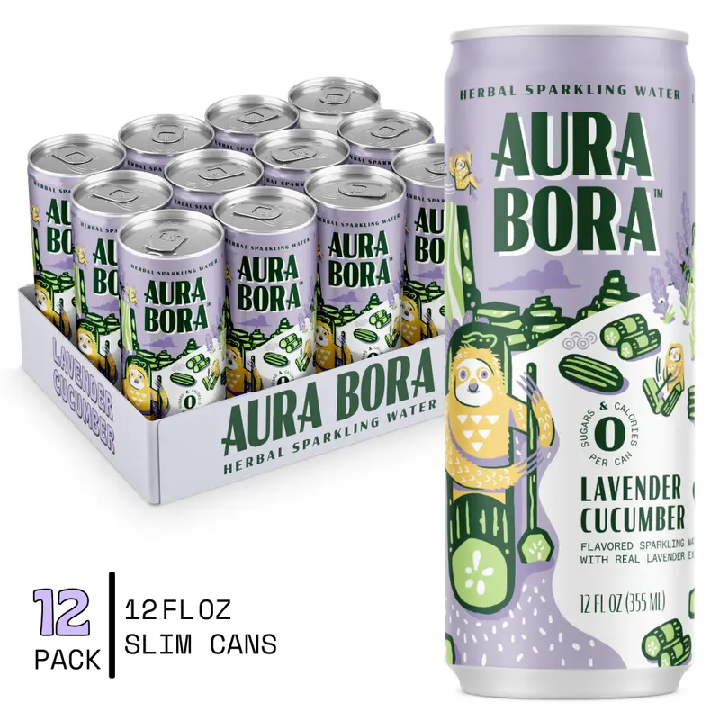 Aura Bora, Craft Sparkling Water Beverage made with Real Herbal Extracts, Lavender Cucumber, 12oz cans, Pack of 12