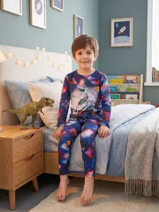 Boys' Long Sleeve Pajama Set, Dinosaur Rocket Pattern, Cartoon Print Sleepwear, Comfortable Casual Home Clothes, Ages 3-8, All Seasons