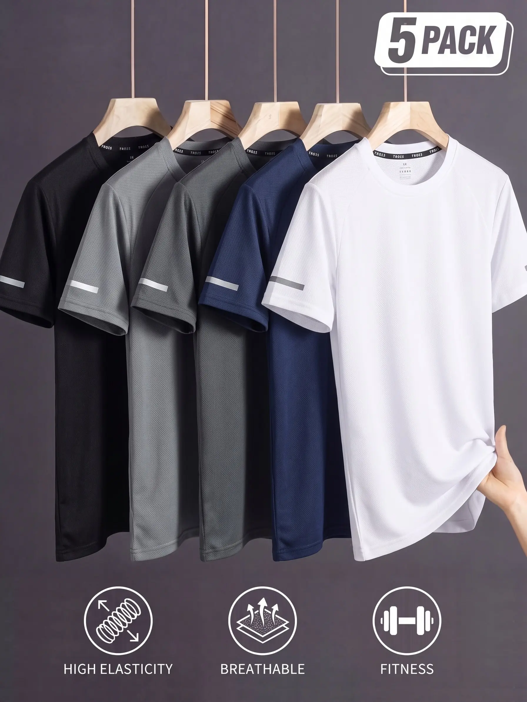 5-PACK Men's Quick Dry Athletic T-Shirts, Breathable Mesh Fabric, High Elastic Crew Neck, Reflective Cuff Strip, Workout Fitness Short Sleeve Tees Value Pack