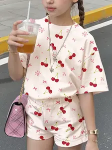 Summer Girls Casual Simple Short Sleeve Shorts Set, 2 Piece Cherry, Girl Cherry Top, Cherry T-Shirt, Loose Fit, Cherry Print