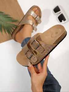 Women's Fashionable Rhinestone Decorated Slides, Casual Comfortable Flat Sandals for Summer, Lightweight Breathable Shoes for Daily Wear, Girl