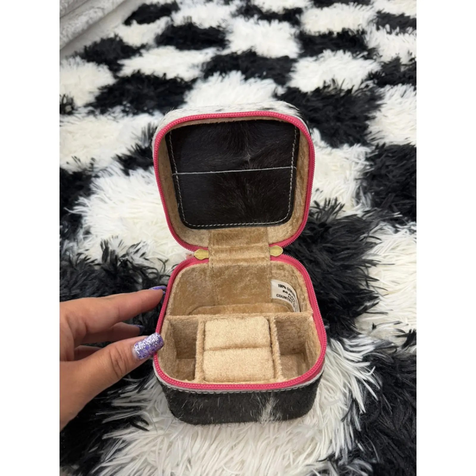 Small Pink Tooled Leather and Cowhide Jewelry Box with Pink Trim and Velvet Interior