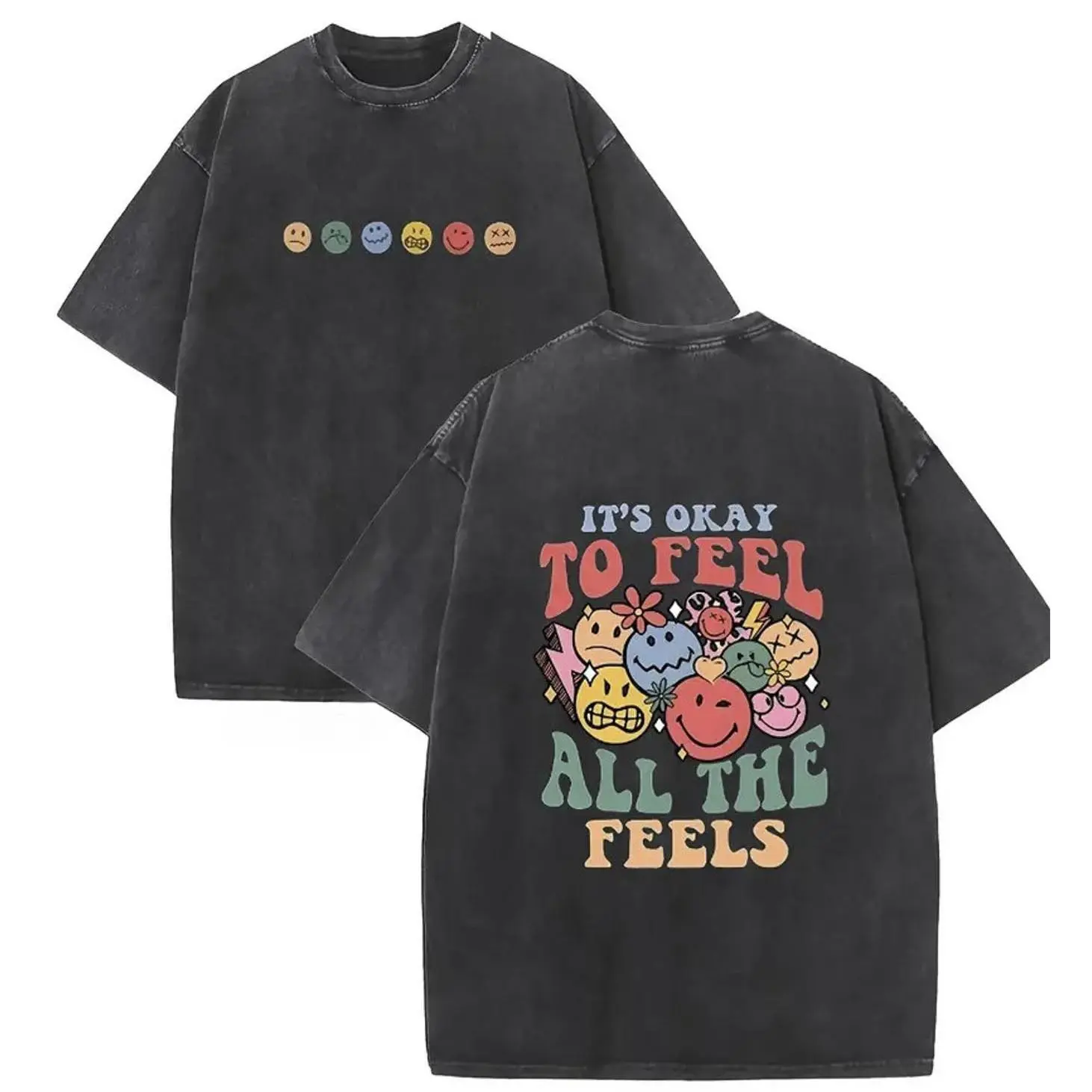 Menswear Retro Mental Health T-Shirt - Unisex Preppy Oversized Round Neck Short Sleeve Tops, Washed Smiley Graphic Casual Streetwear, "It's Okay To Feel All The Feels" Print Men's Graphic Tees, Tshirt, Oversized Tshirt Women, Funny Graphic Tee