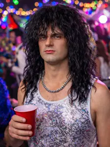 80s Rocker Black Mullet Wig for Men 20 Inches Synthetic Heat Resistant Synthetic Punk Rocker Wig for Halloween Themed Parties and Festival Party Wigs